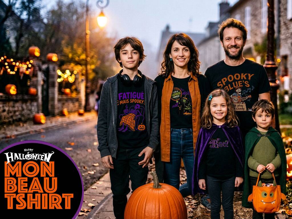 Une famille avec des tshirt thématiques Halloween