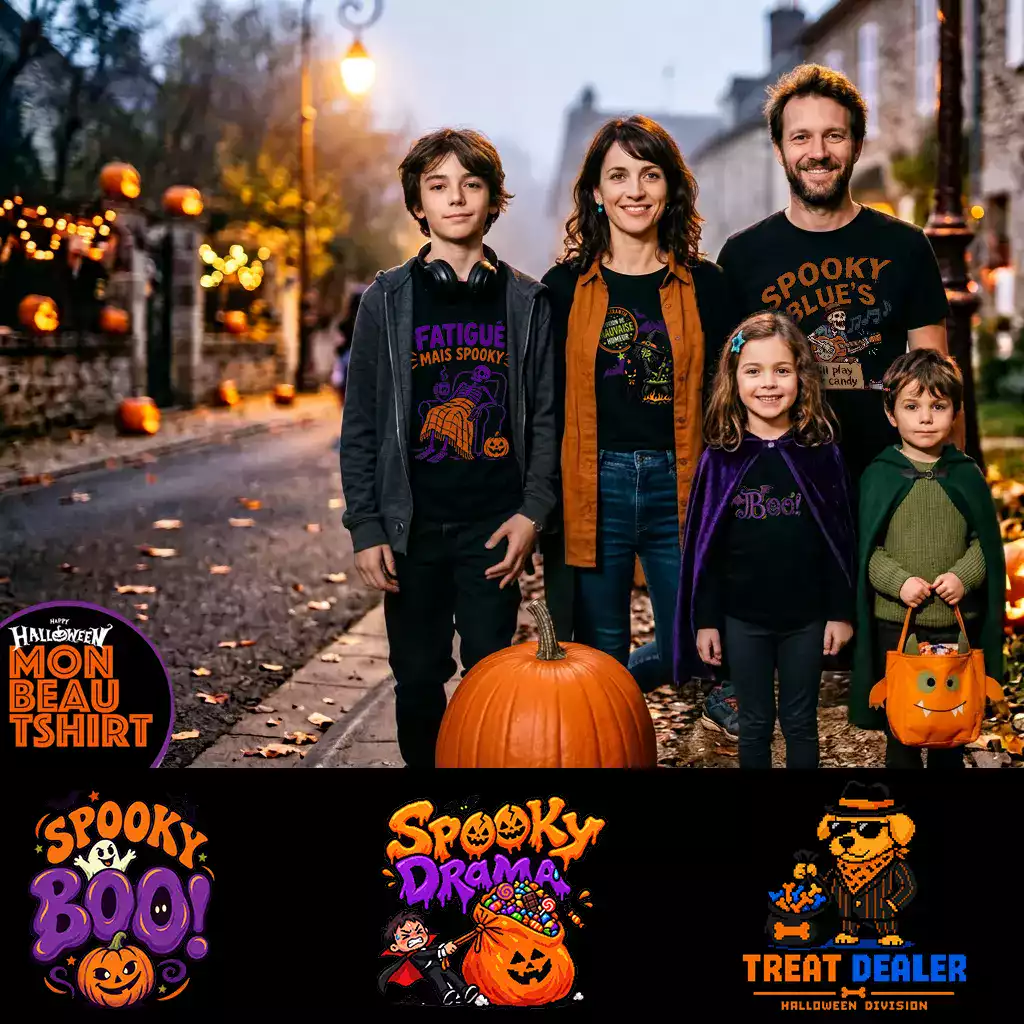 Famille Bouchard square-min La famille Boudard portant des tshirt Halloween aux motifs originaux