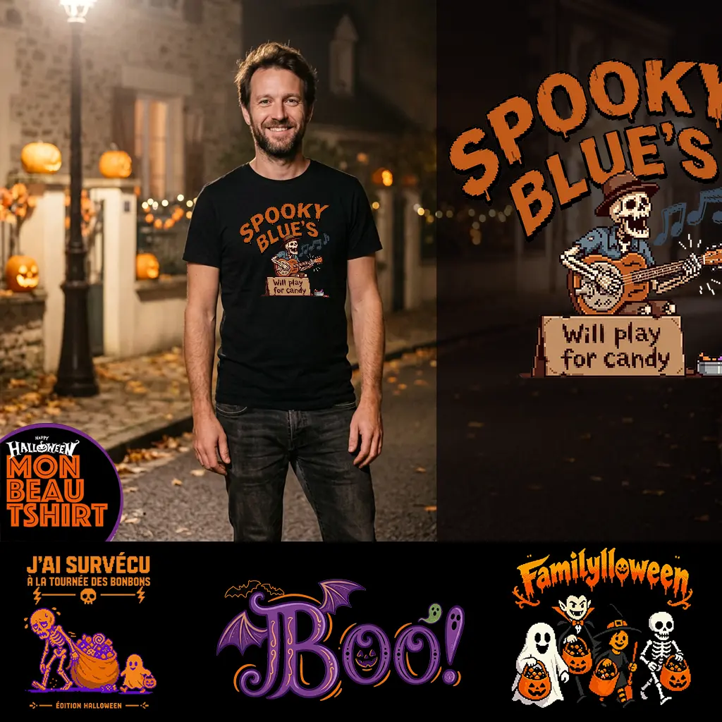 Luc_Bouchard square Le papa à Halloween avec un tshirt au motif skull halloween